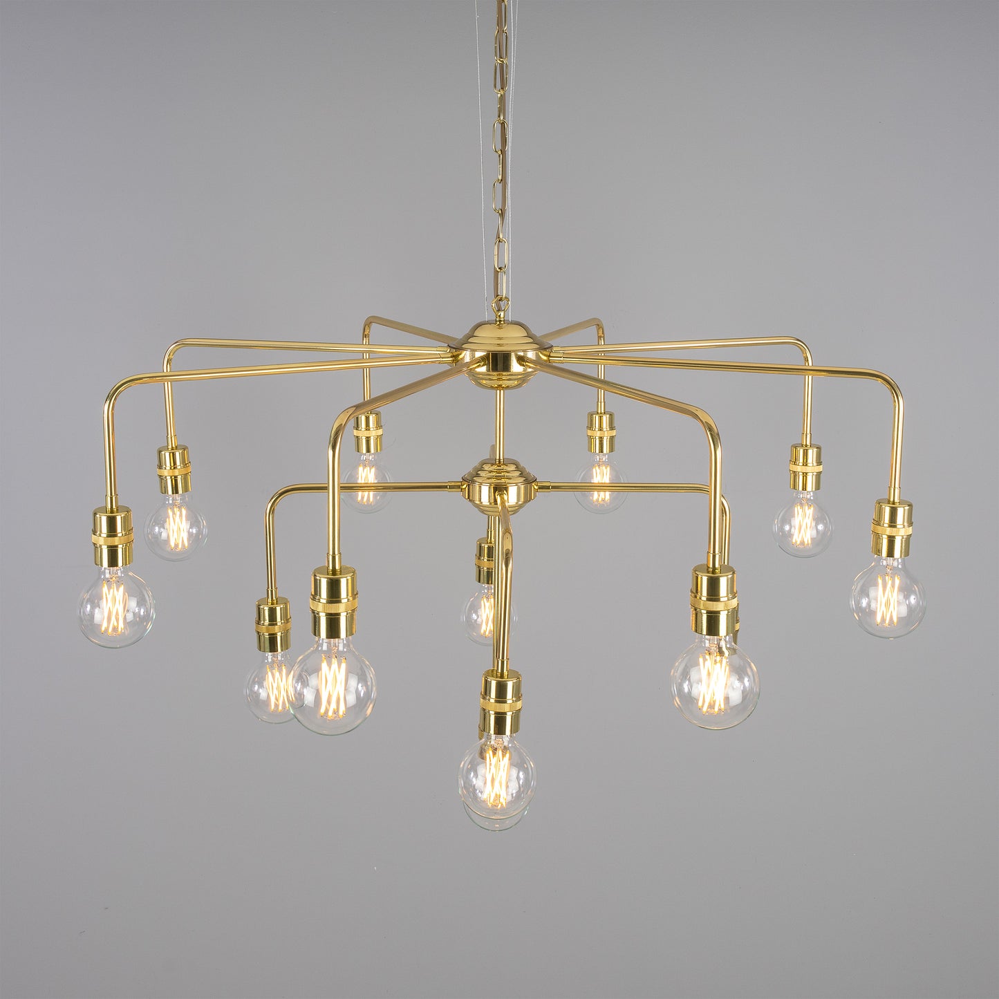 Mullan Lighting Pisa 13-Light Three-Tier Bare Bulb Brass Chandelier