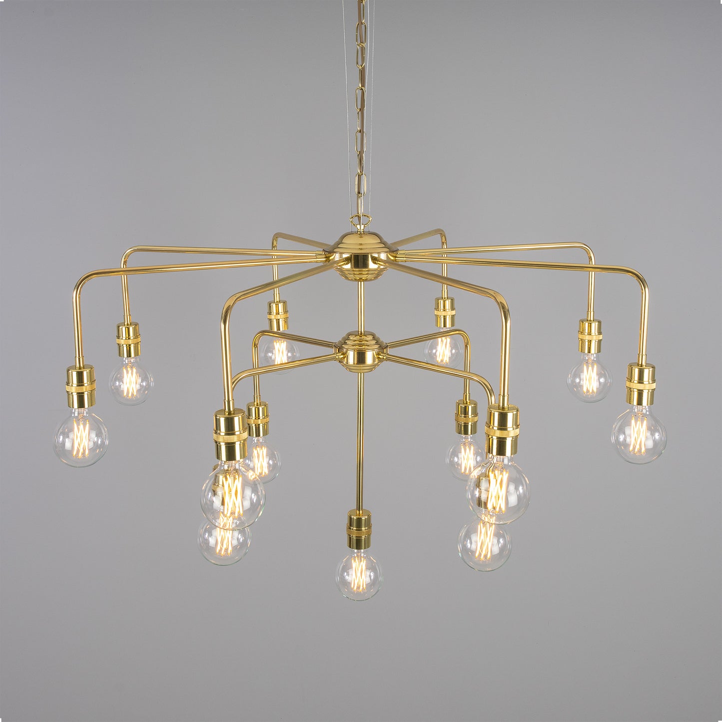 Mullan Lighting Pisa 13-Light Three-Tier Bare Bulb Brass Chandelier