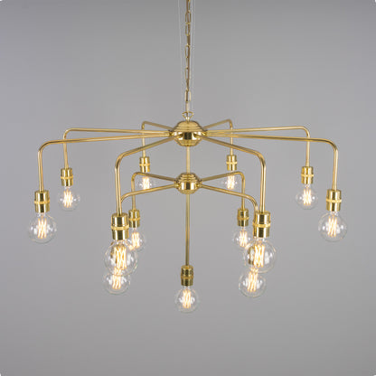 Mullan Lighting Pisa 13-Light Three-Tier Bare Bulb Brass Chandelier
