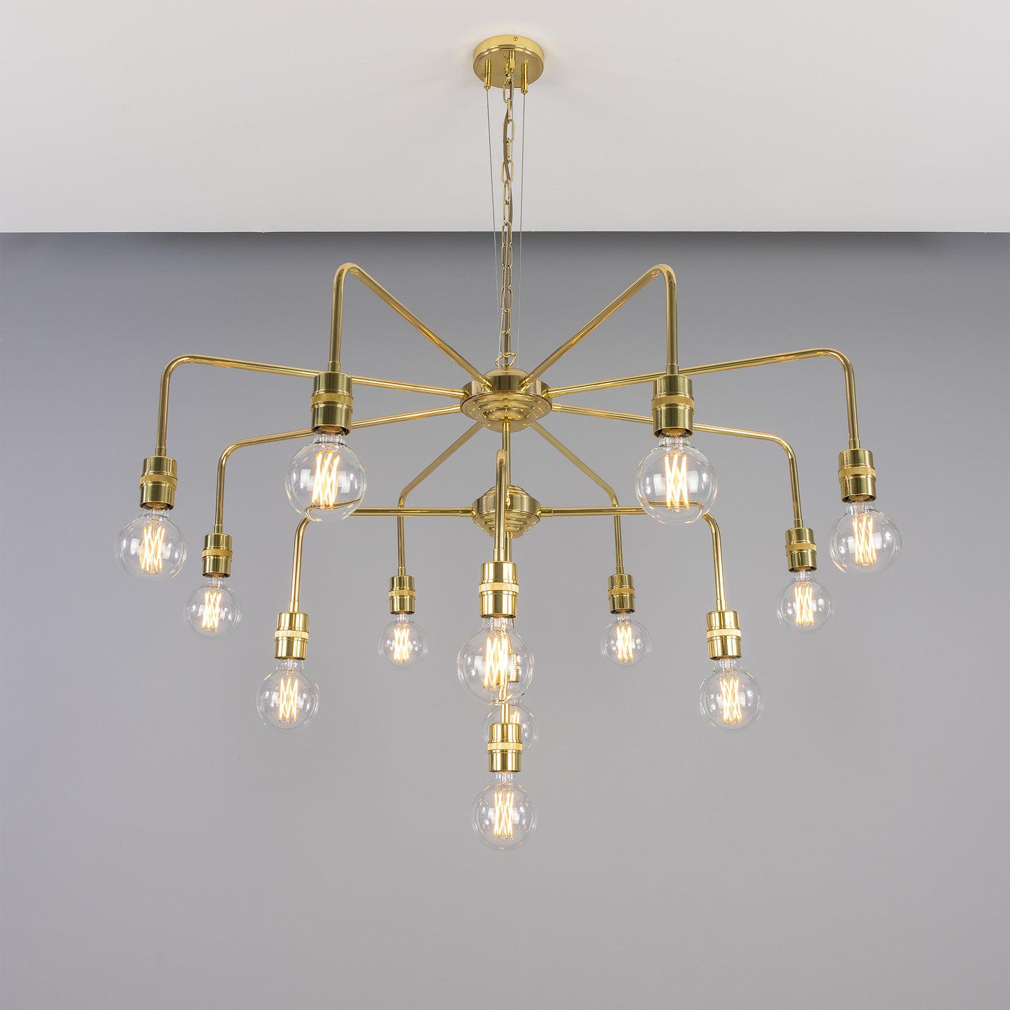 Mullan Lighting Pisa 13-Light Three-Tier Bare Bulb Brass Chandelier