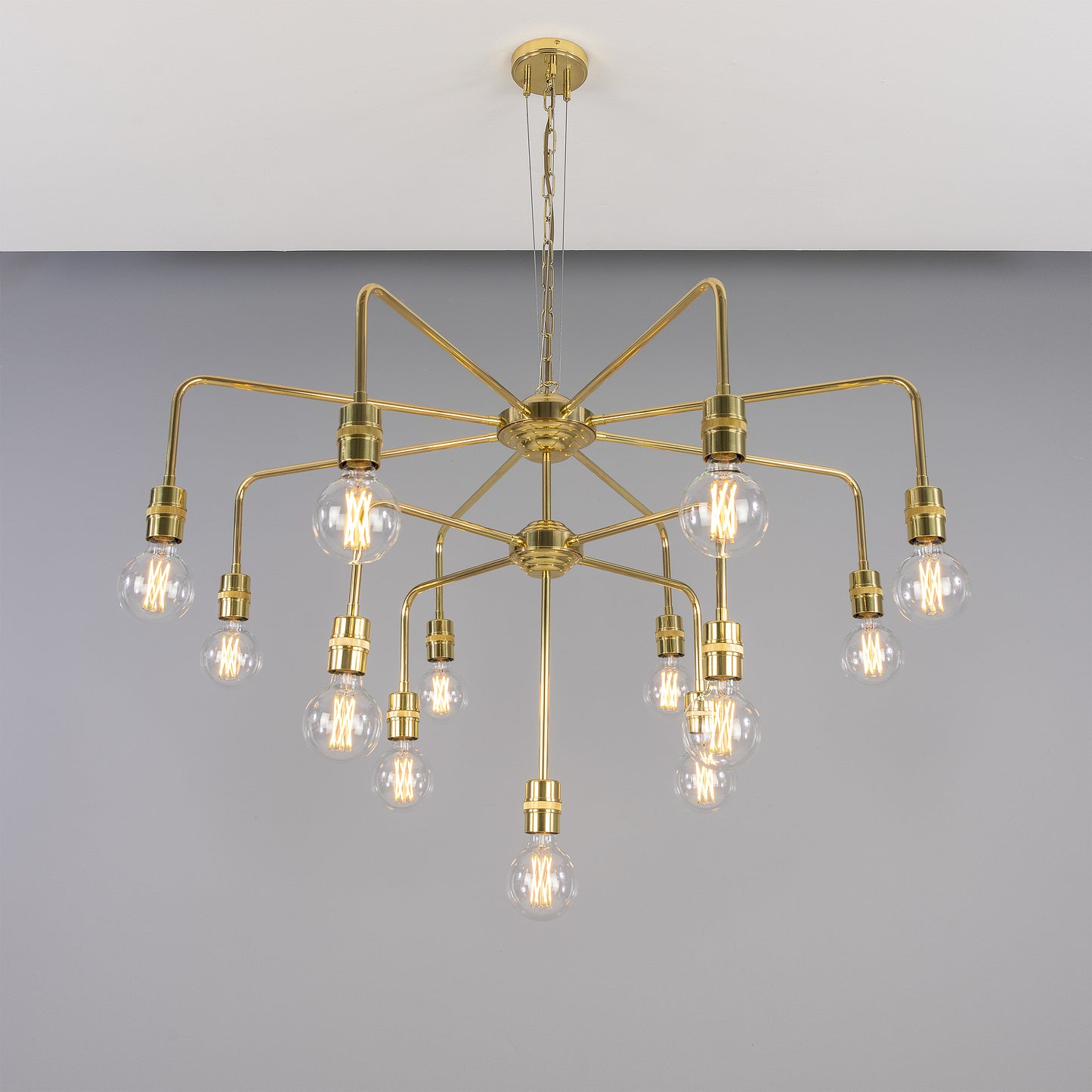Mullan Lighting Pisa 13-Light Three-Tier Bare Bulb Brass Chandelier