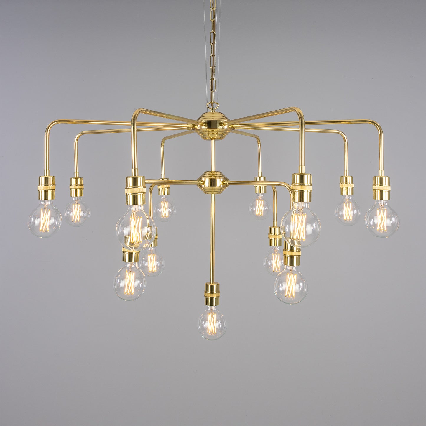 Mullan Lighting Pisa 13-Light Three-Tier Bare Bulb Brass Chandelier