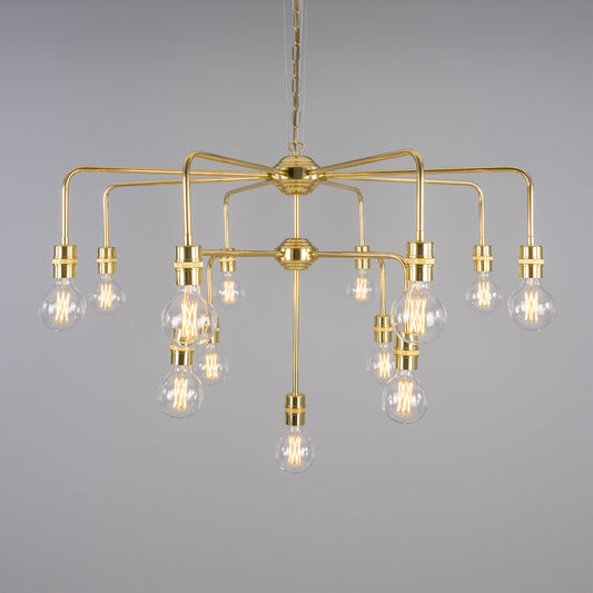 Mullan Lighting Pisa 13-Light Three-Tier Bare Bulb Brass Chandelier