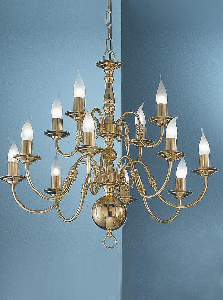 Franklite Delft 12-Light Polished Brass Candle Chandelier