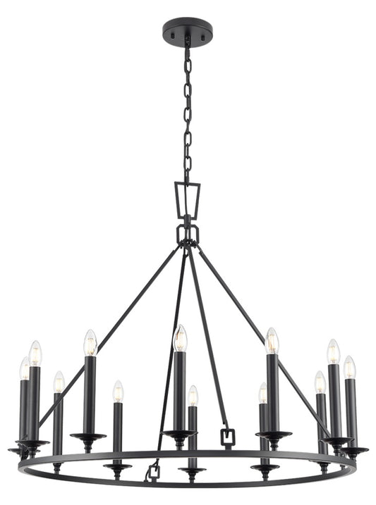 Franklite Tudor 12-Light Matte Black Ring Wagon Wheel Chandelier