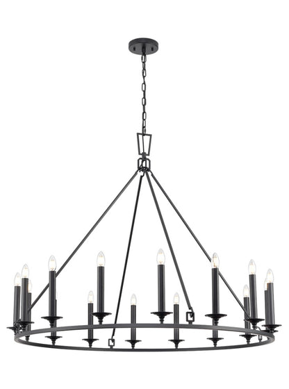Franklite Tudor 16-Light Matte Black Ring Wagon Wheel Chandelier