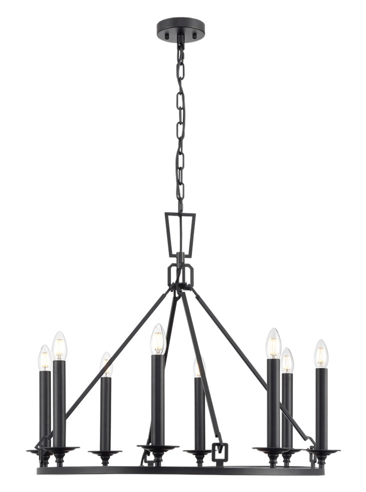 Franklite Tudor 8-Light Matte Black Ring Wagon Wheel Chandelier