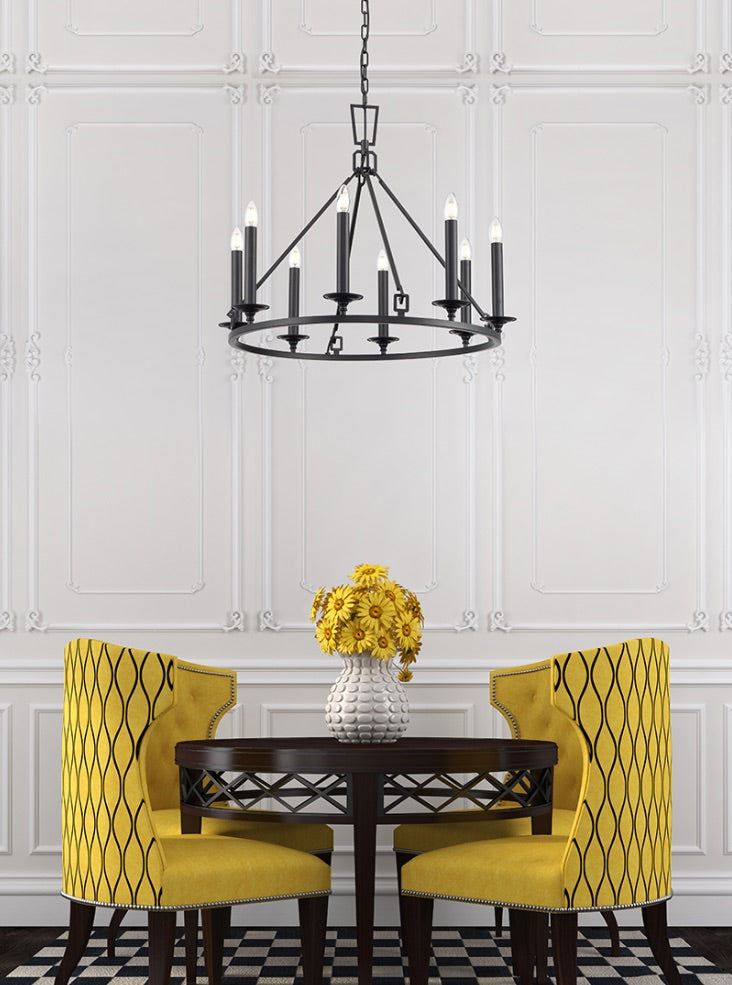 Franklite Tudor 8-Light Matte Black Ring Wagon Wheel Chandelier