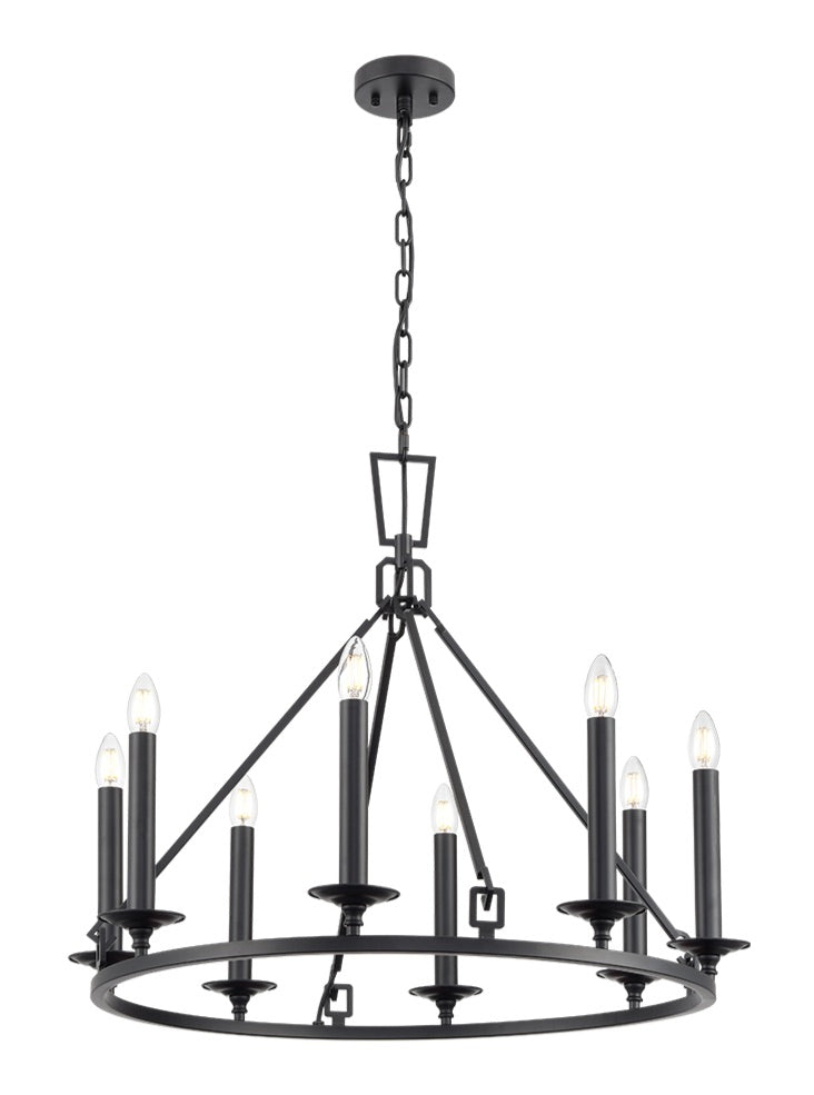 Franklite Tudor 8-Light Matte Black Ring Wagon Wheel Chandelier