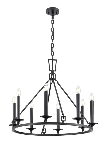 Franklite Tudor 8-Light Matte Black Ring Wagon Wheel Chandelier