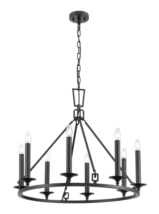 Franklite Tudor 8-Light Matte Black Ring Wagon Wheel Chandelier