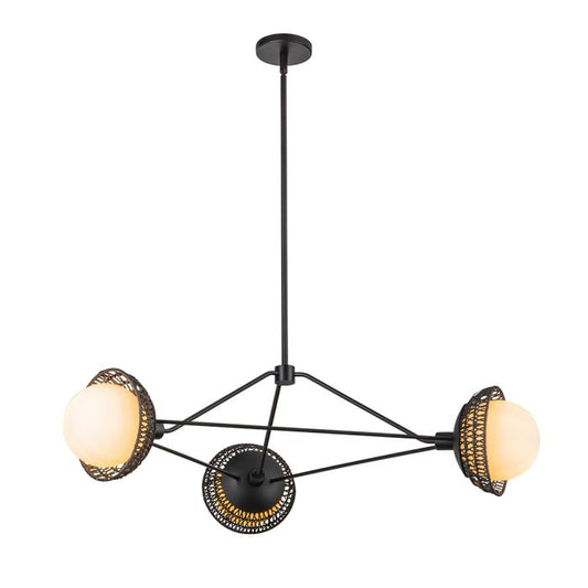 Alora Mood Perth 3-Light Matte Black Rattan & Opal Glass Globe Chandelier