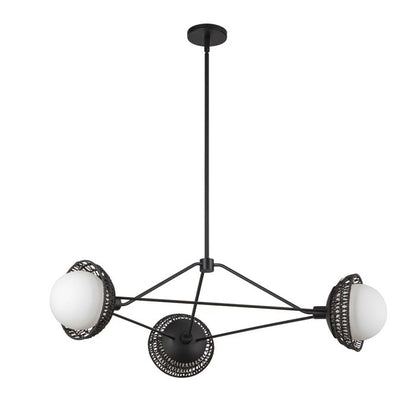 Alora Mood Perth 3-Light Matte Black Rattan & Opal Glass Globe Chandelier