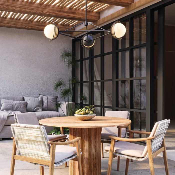 Alora Mood Perth 3-Light Matte Black Rattan & Opal Glass Globe Chandelier
