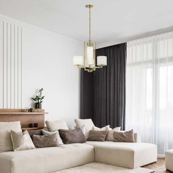 Hinkley Hampton 4-Light Brushed Brass Modern Chandelier with White Linen Shades