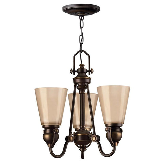 Hinkley Mayflower 3-Light Olde Bronze Chandelier with Etched Amber Glass