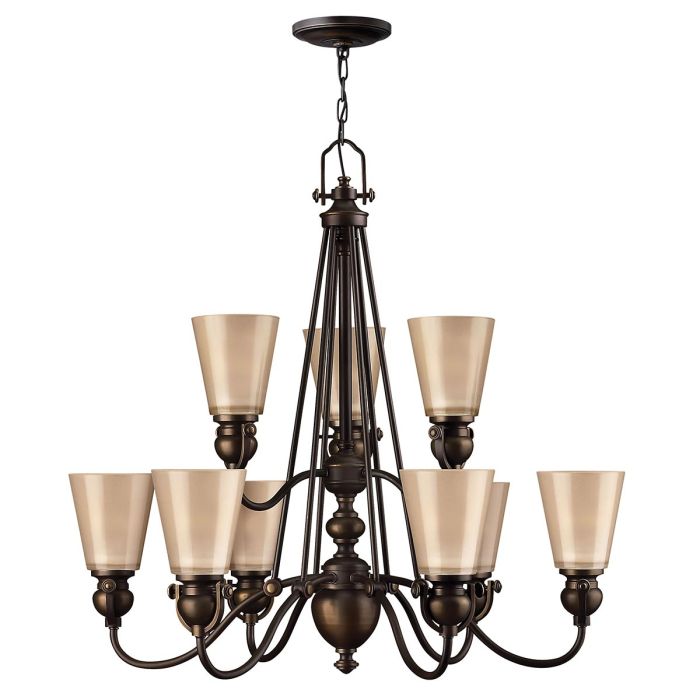 Hinkley Mayflower 9-Light Olde Bronze Chandelier with Etched Amber Glass