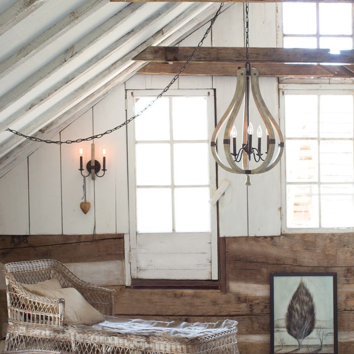 Hinkley Middlefield 5-Light Iron Rust Cage Chandelier with Distressed Wood