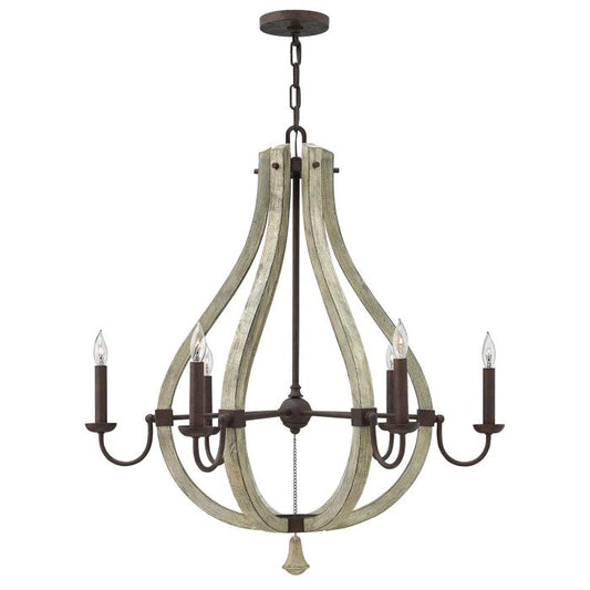 Hinkley Middlefield 6-Light Iron Rust Cage Chandelier with Distressed Wood