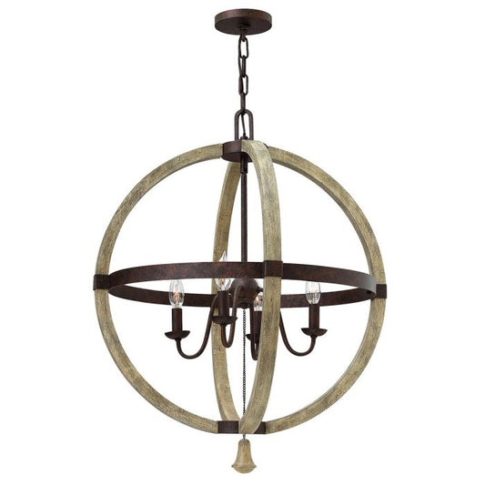 Hinkley Middlefield 4-Light Iron Rust Globe Chandelier with Distressed Wood
