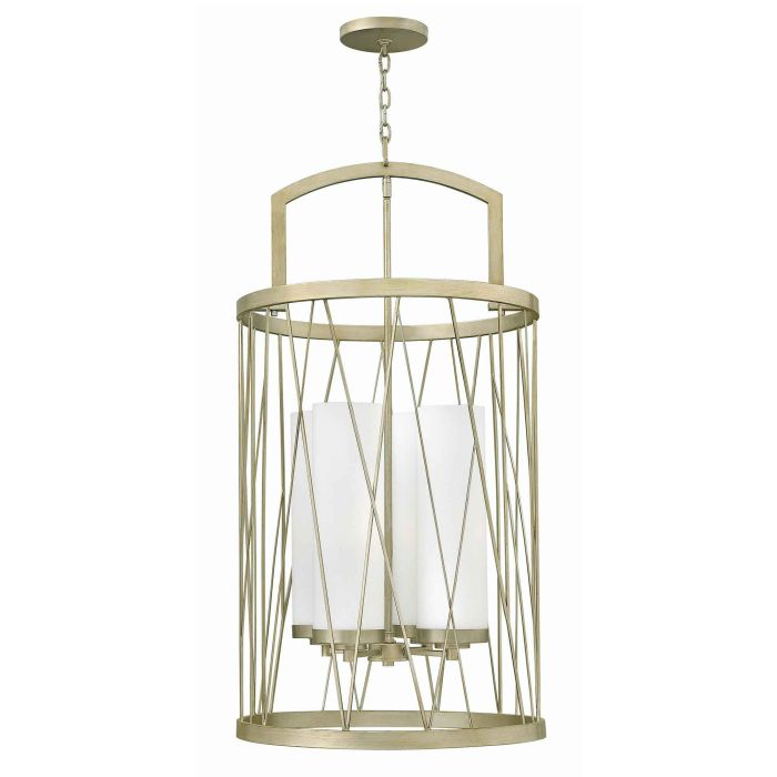 Hinkley Nest 4-Light Lantern Chandelier in Silver Leaf with Distressed Etched Glass