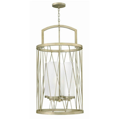 Hinkley Nest 4-Light Lantern Chandelier in Silver Leaf with Distressed Etched Glass