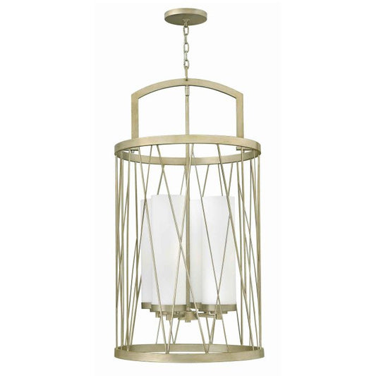 Hinkley Nest 4-Light Lantern Chandelier in Silver Leaf with Distressed Etched Glass