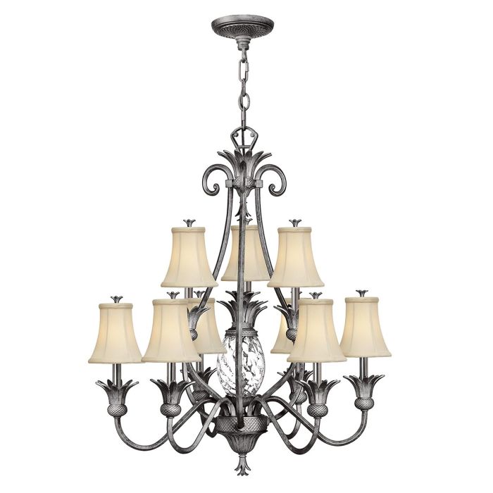Hinkley Plantation 10-Light Polished Antique Nickel Candle Chandelier with Linen Shades and Clear Optic Glass