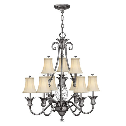 Hinkley Plantation 10-Light Polished Antique Nickel Candle Chandelier with Linen Shades and Clear Optic Glass