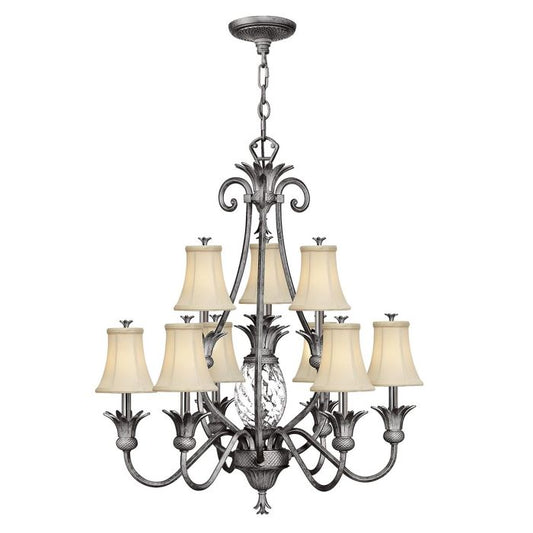 Hinkley Plantation 10-Light Polished Antique Nickel Candle Chandelier with Linen Shades and Clear Optic Glass