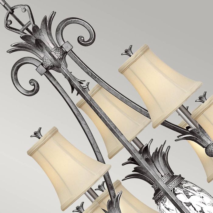 Hinkley Plantation 10-Light Polished Antique Nickel Candle Chandelier with Linen Shades and Clear Optic Glass