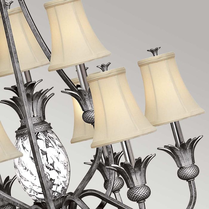 Hinkley Plantation 10-Light Polished Antique Nickel Candle Chandelier with Linen Shades and Clear Optic Glass