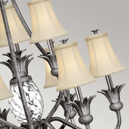 Hinkley Plantation 10-Light Polished Antique Nickel Candle Chandelier with Linen Shades and Clear Optic Glass