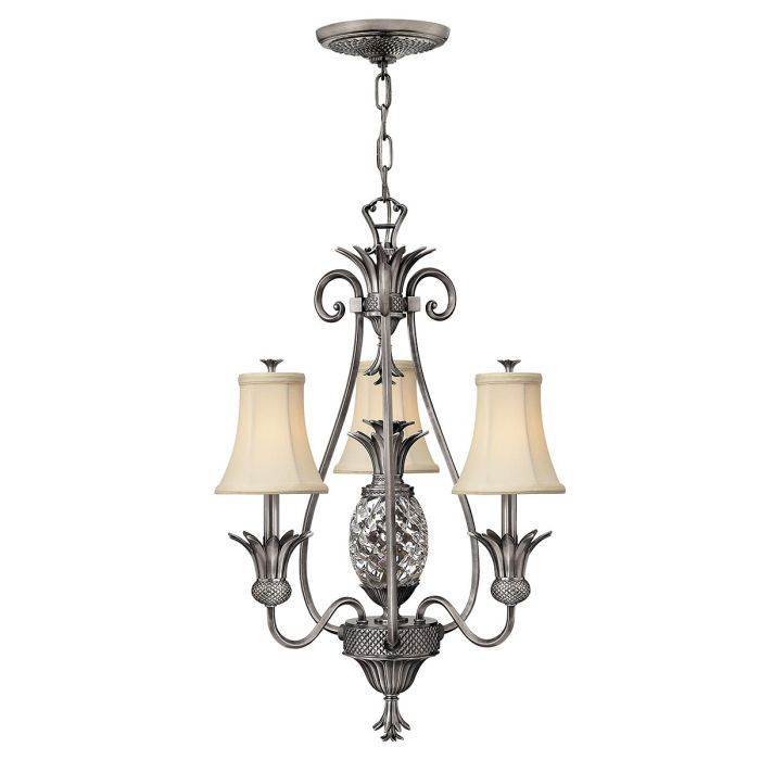 Hinkley Plantation 3-Light Polished Antique Nickel Candle Chandelier with Linen Shades and Clear Optic Glass