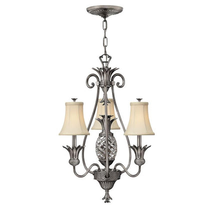 Hinkley Plantation 3-Light Polished Antique Nickel Candle Chandelier with Linen Shades and Clear Optic Glass