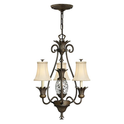 Hinkley Plantation 3-Light Pearl Bronze Candle Chandelier with Linen Shades and Clear Optic Glass