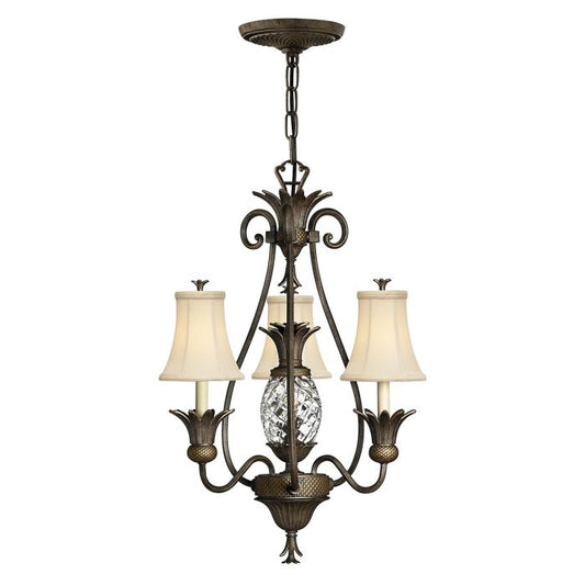 Hinkley Plantation 3-Light Pearl Bronze Candle Chandelier with Linen Shades and Clear Optic Glass