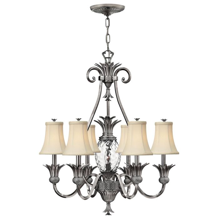 Hinkley Plantation 7-Light Polished Antique Nickel Candle Chandelier with Linen Shades and Clear Optic Glass