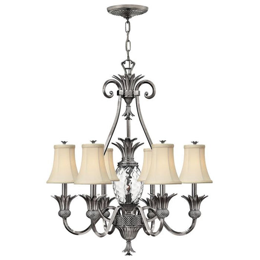 Hinkley Plantation 7-Light Polished Antique Nickel Candle Chandelier with Linen Shades and Clear Optic Glass