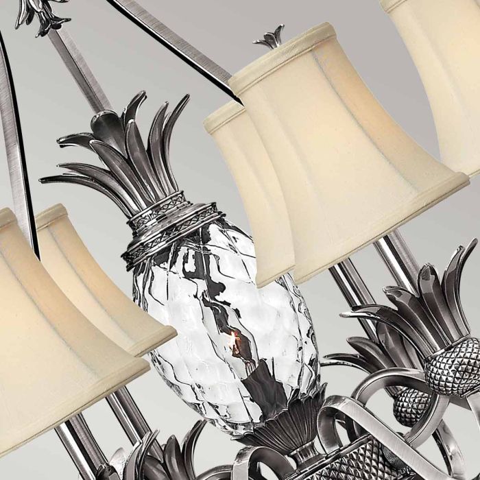 Hinkley Plantation 7-Light Polished Antique Nickel Candle Chandelier with Linen Shades and Clear Optic Glass