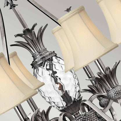 Hinkley Plantation 7-Light Polished Antique Nickel Candle Chandelier with Linen Shades and Clear Optic Glass
