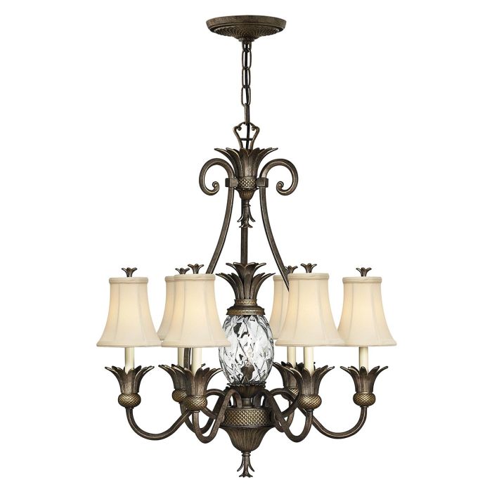 Hinkley Plantation 7-Light Pearl Bronze Candle Chandelier with Linen Shades and Clear Optic Glass