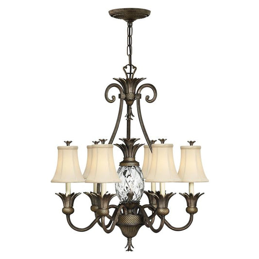 Hinkley Plantation 7-Light Pearl Bronze Candle Chandelier with Linen Shades and Clear Optic Glass