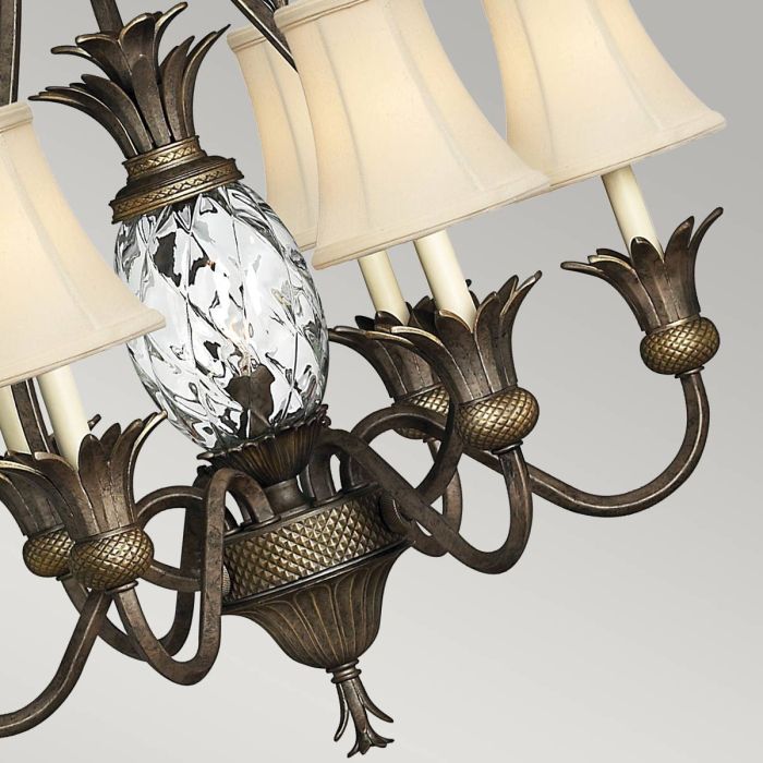 Hinkley Plantation 7-Light Pearl Bronze Candle Chandelier with Linen Shades and Clear Optic Glass