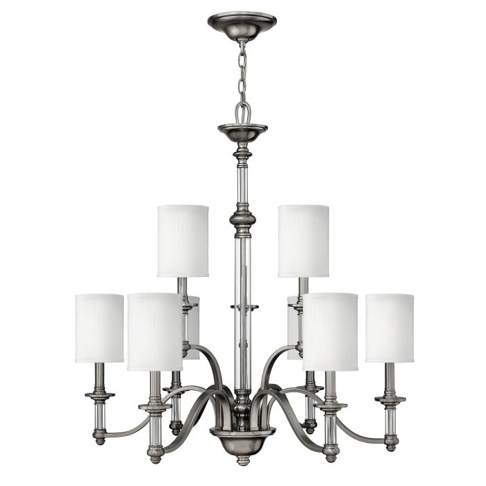 Hinkley Sussex 9-Light Brushed Nickel Modern Chandelier with Linen Shades and Clear Glass