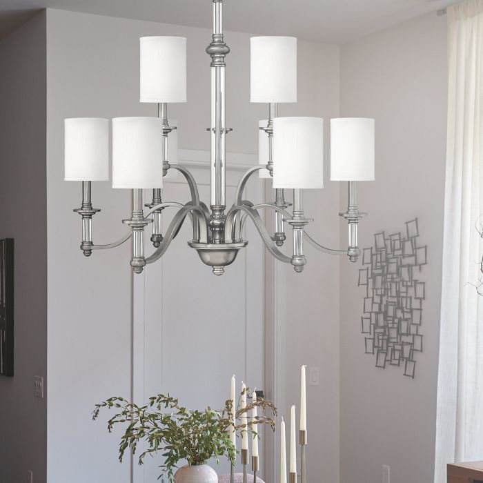 Hinkley Sussex 9-Light Brushed Nickel Modern Chandelier with Linen Shades and Clear Glass