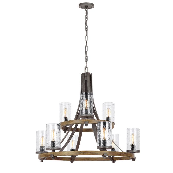 Generation Lighting (Feiss) Angelo 9-Light Distressed Weathered Oak & Slate Grey Metal Wagon Wheel Chandelier