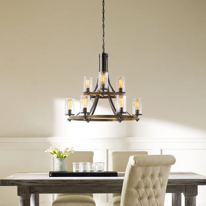 Generation Lighting (Feiss) Angelo 9-Light Distressed Weathered Oak & Slate Grey Metal Wagon Wheel Chandelier