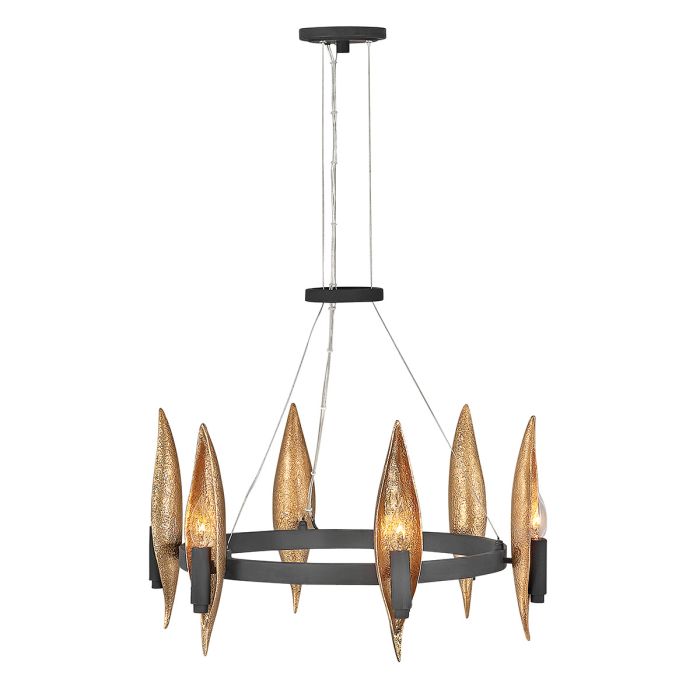 Hinkley Willow 6-Light Carbon Black with Deluxe Gold Ring Chandelier