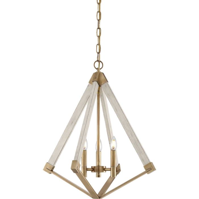 Quoizel View Point 3-Light Whitewash Wood Effect & Weathered Brass Cage Chandelier